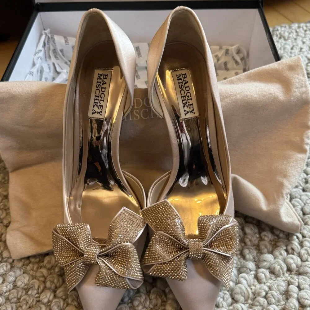 Badgley Mischka Meilani Blush Pink Satin Kitten Heel Crystal Bows